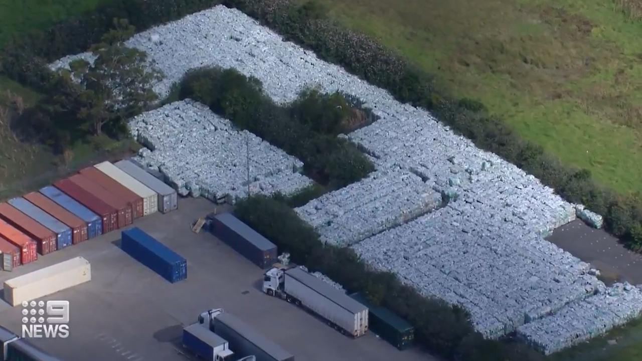 The stacks of plastic were collected by Aussie households for recycling. Picture: Nine News