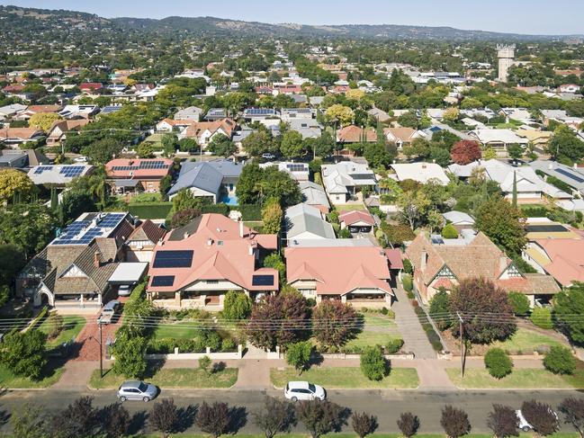 Elevated view of houses & rooftops in leafy eastern suburb of  Adelaide - suburbs, streets and housing generic images