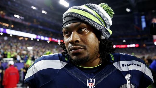 GLENDALE, AZ - FEBRUARY 01: Marshawn Lynch #24 of the Seattle Seahawks walks off the field at half time during Super Bowl XLIX at University of Phoenix Stadium on February 1, 2015 in Glendale, Arizona. (Photo by Christian Petersen/Getty Images)