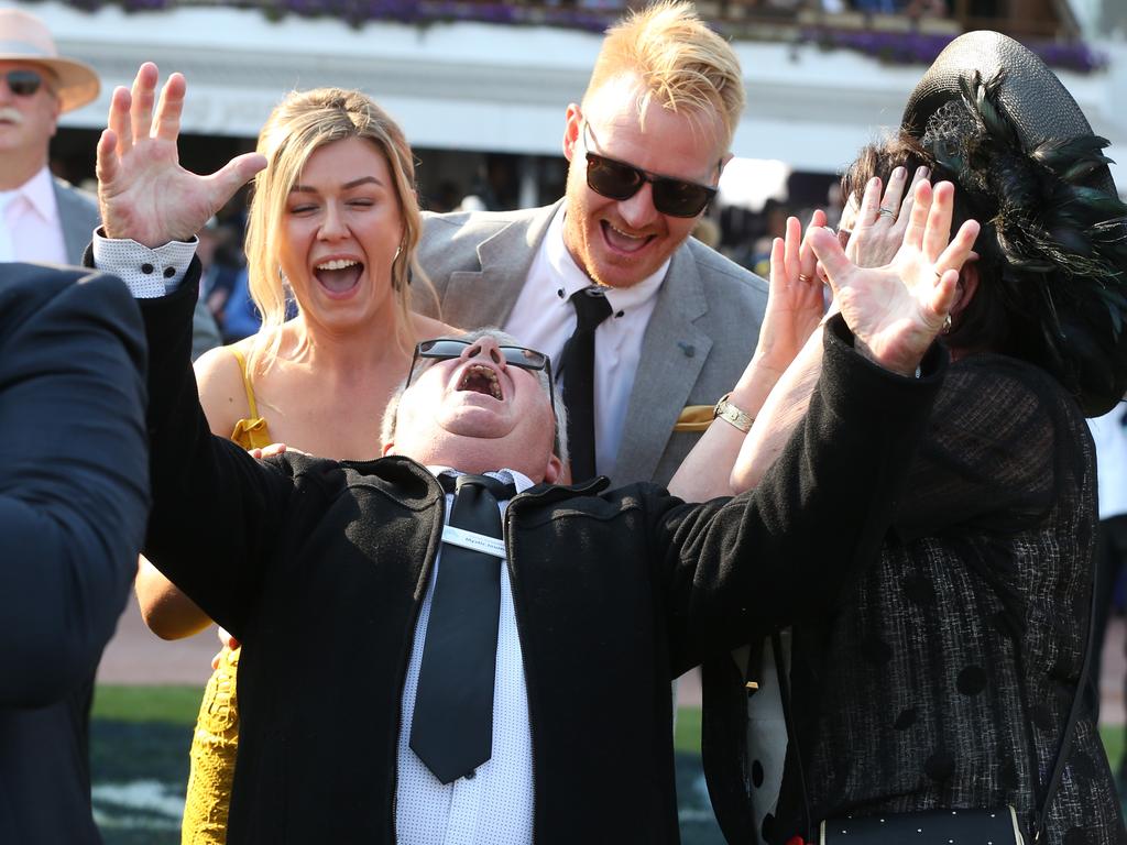 Damien Murnane shows his delight after becoming $250,000 richer when Mystic Journey won the 2019 All-Star Mile at Flemington. Picture: Michael Klein