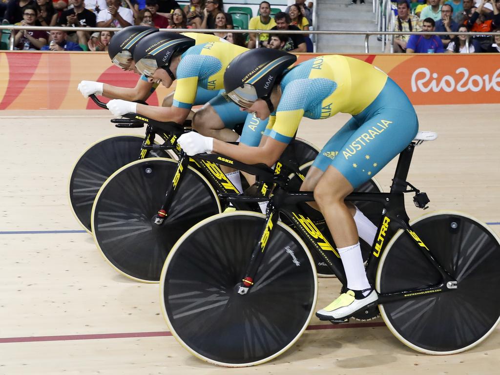 Australia’s team compete in the men’s team sprint qualifying at the Rio Olympic Velodrome.