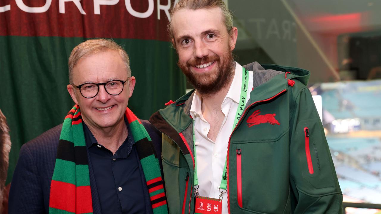 Prime minister Anthony Albanese pictured with Mike Cannon-Brookes at a Rabbitohs function, Accor Stadium in Sydney Olympic Park. Picture by Damian Shaw