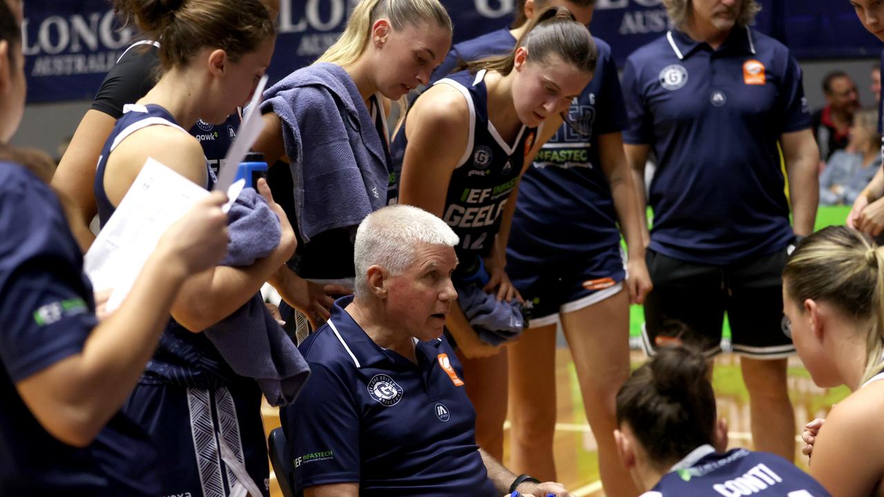 Geelong United mentor Chris Lucas speaks to players during Saturday’s night loss. Picture: Kelly Defina/Getty Images