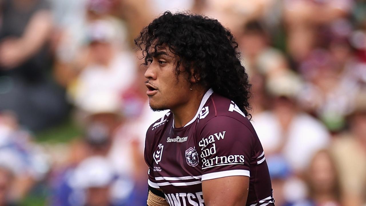 SYDNEY, AUSTRALIA - MARCH 04: Christian Tuipulotu of the Sea Eagles runs the ball during the round one NRL match between the Manly Sea Eagles and the Canterbury Bulldogs at 4 Pines Park on March 04, 2023 in Sydney, Australia. (Photo by Cameron Spencer/Getty Images)