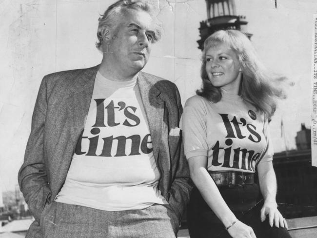 Campaign time...Gough Whitlam with singer Little Pattie wearing T shirts during 1972 "It's Time" federal election campaign. Picture: Supplied.