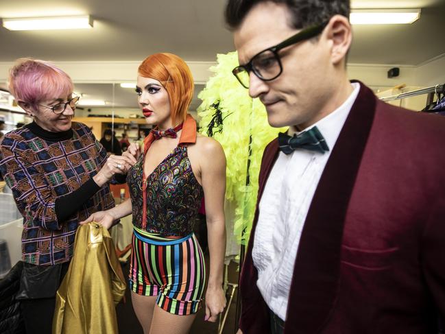 Rocky Horror costume designer Roz Wren fits one of the musical’s star performers into a fabulous, glittery, sequined number ahead of one of the show’s dress rehearsals. Picture Eddie Safarik