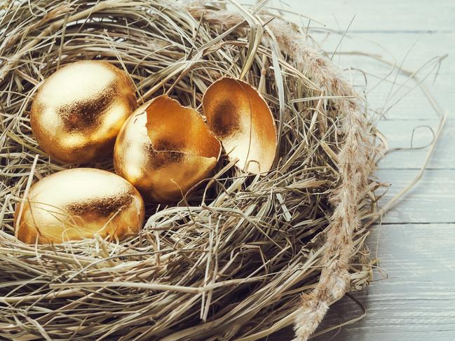 Golden eggs in the nest, one broken egg, superannuation generic