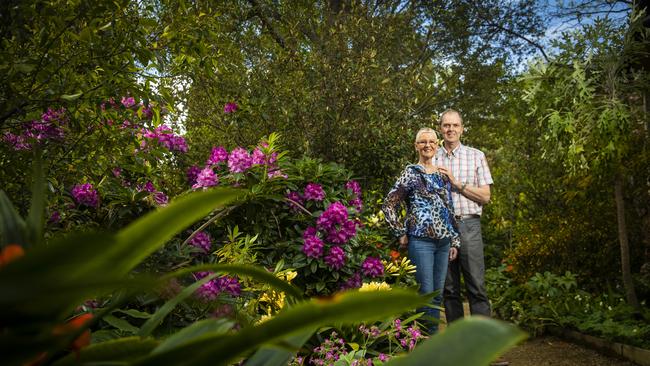 Bridget and Mark Newman in their expansive garden in Mount Stuart that will be opened to the public as part of the My Open Garden event. Picture: LUKE BOWDEN