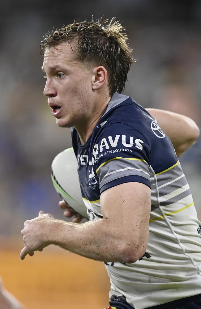 Jaxon Purdue of the Cowboys runs the ball during the round 10 NRL match between North Queensland Cowboys and Penrith Panthers at Queensland Country Bank Stadium, on May 10, 2025, in Townsville, Australia. (Photo by Ian Hitchcock/Getty Images)
