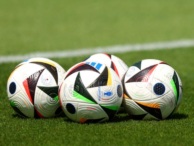 FARO, PORTUGAL - JUNE 03: A detailed view of the training balls on the pitch prior to the international friendly match between Gibraltar and Scotland at Estadio Algarve on June 03, 2024 in Faro, Portugal. (Photo by Fran Santiago/Getty Images)