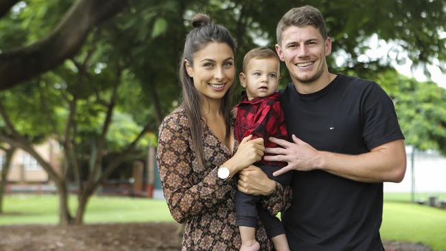 Dayne Zorko with his partner Kalinda and nine-month-old son Louis. Picture: Mark Cranitch