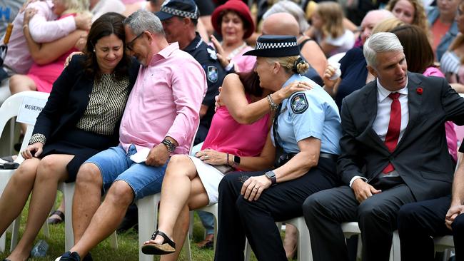 Hannah Clarke’s father Lloyd puts his arm around Queensland Premier Annastacia Palaszczuk, while his wife Suzanne is comforted by Queensland Police Commissioner Katarina Carroll. Picture: AAP image, John Gass