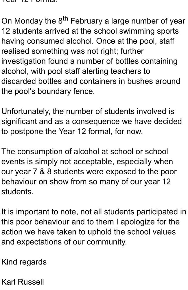 He said the consumption of alcohol at school events was “simply not” acceptable. Picture: Supplied