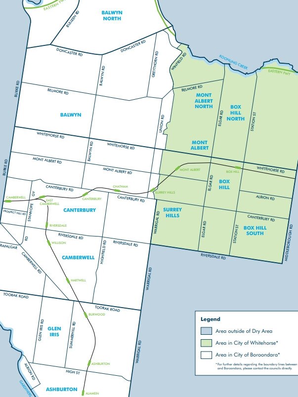 The ‘dry’ areas of Boroondara and Whitehorse.