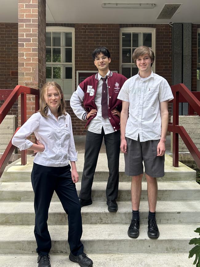 Fort Street High School legal studies students Sofie Andersen (17), Marcus Aspinall (18) and Auryn Griffiths (18) after their HSC exam.