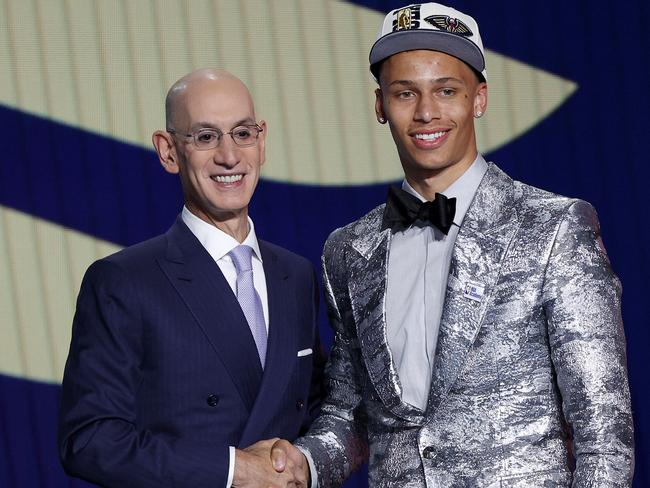 NBA commissioner Adam Silver (L) and Dyson Daniels (R) on stage at the 2022 NBA Draft in New York. Picture: Sarah Stier/Getty Images