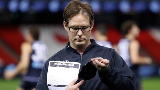 MELBOURNE, AUSTRALIA - AUGUST 21: David Teague, Senior Coach of the Blues looks on during the 2021 AFL Round 23 match between the Carlton Blues and the GWS Giants at Marvel Stadium on August 21, 2021 in Melbourne, Australia. (Photo by Michael Willson/AFL Photos via Getty Images)