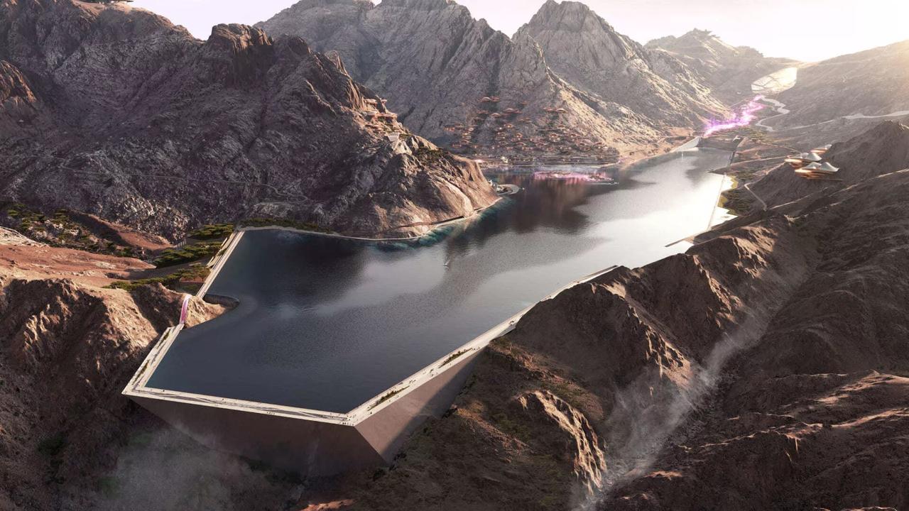 Lake of dreams. An “infinity pool” effect is intended to be created by the artificial lake that will supply the mountain resort with its artificial snow. Picture: NEOM