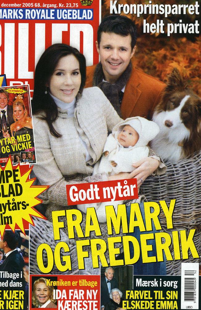 Cover of Danish magazine Billed Baldet in December 2005 featuring Prince Frederick, Princess Mary and their baby son with their border collie dog Ziggy.