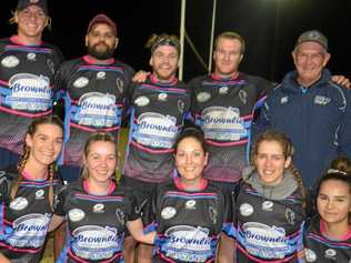 Brownlie Metre Eaters (back, from left) Mitch Watson, Lance McGrady, Harry Sullivan, Sam Broomhall, Mark Sullivan, (front) Jessica Carey, Nikki Burraston, Emma Hale, Madi Charles and Chrissy Marsh won the A-grade premiership in Warwick touch on Wednesday night. Picture: Gerard Walsh