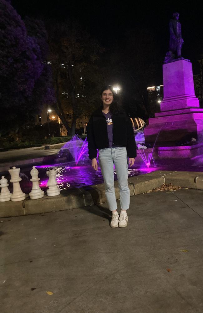 Indiana Dalton at a landmark last year when it turned purple for IBD day. Picture: Supplied