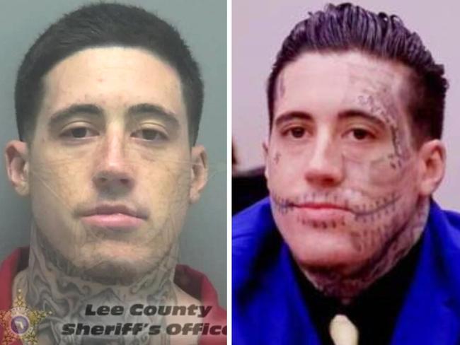 Wade Wilson face tattoos. Picture: Lee County Sheriff's Dept; Court TV