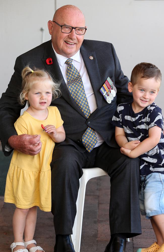 Geelong Vietnam Veterans Association president Vietnam Veteran Rieny Nieuwenhof with his three year-old twin grandchildren Mia and Darcy. Picture: Alison Wynd