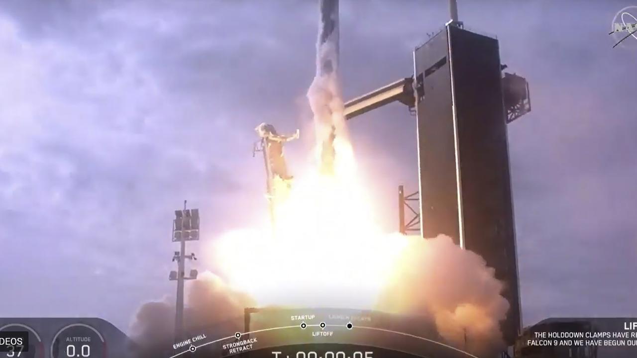 Still photo from NASA TV video showing SpaceX unmanned spacecraft as it launches to perform its in-flight abort test on January 19, 2020 at the Kennedy Space Center, Florida, US. Picture: NASA TV/AFP