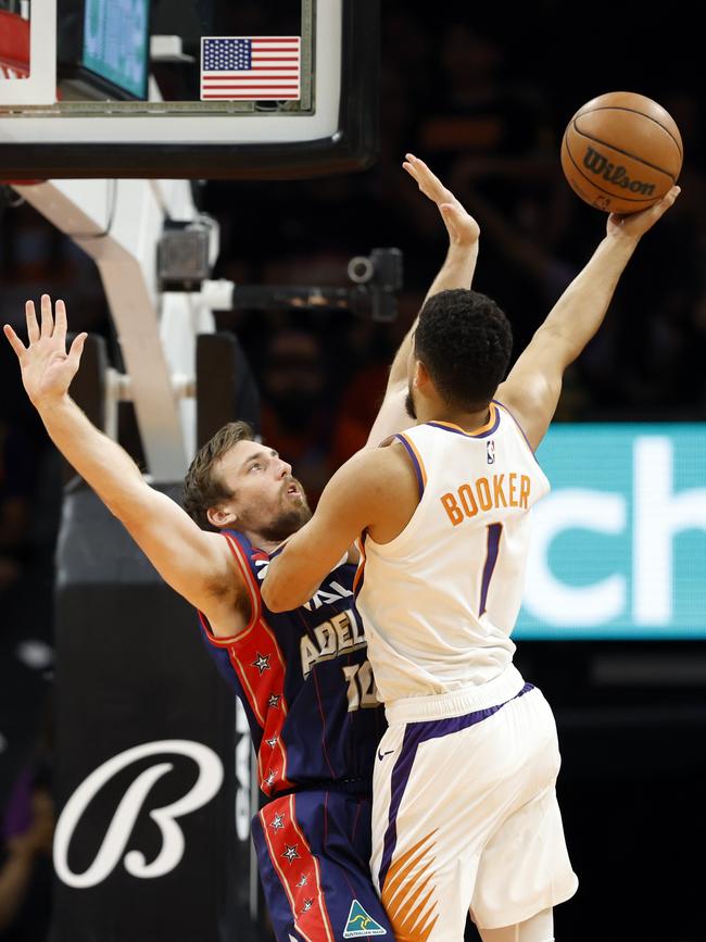 Booker got 13 points against the 36ers. Photo: Chris Coduto/Getty Images/AFP