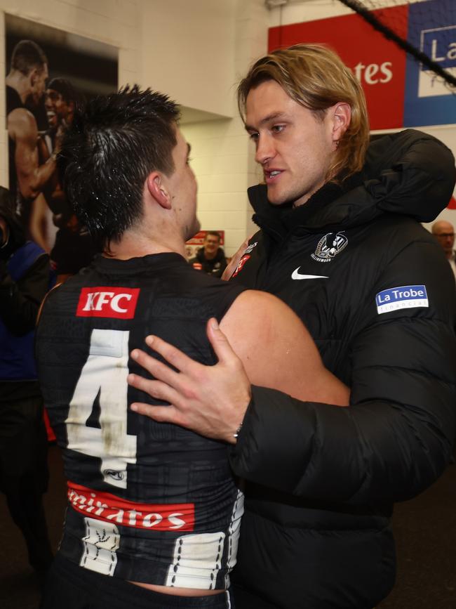 Brayden Maynard and Darcy Moore post-match on Saturday. Picture: James Wiltshire/AFL Photos