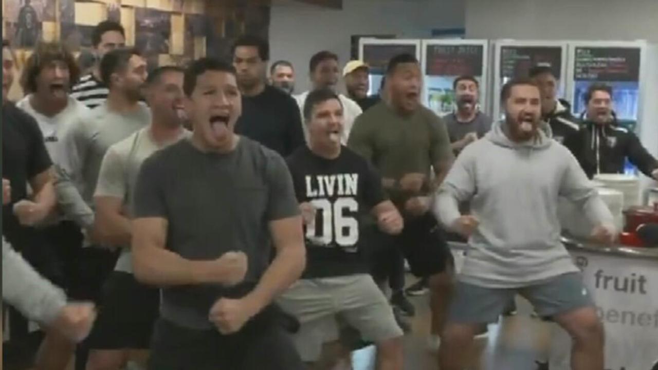 The New Zealand Kiwis players perform the haka for Liverpool FC.