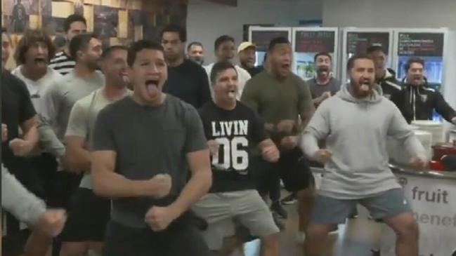 The New Zealand Kiwis players perform the haka for Liverpool FC.