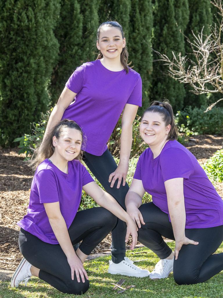 (from left) Olivia Soeters, Abbie Pritchard and Abbey Holmes are part of the St Ursula's College Junior Dance Troupe. The 76th City of Toowoomba Eisteddfod. Thursday, August 4, 2022. Picture: Nev Madsen.