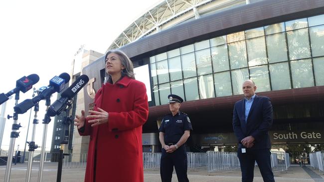 Professor Nicola Spurrier speaks at a press conference at the Adelaide Oval on Sunday. Picture: Morgan Sette