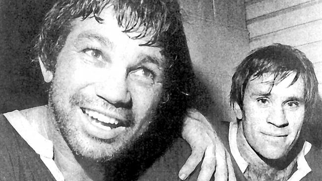 1980. Qld State of Origin, RL players after first game against NSW, Origin One. - Qld captain Arthur (Artie) Beetson and John Lang Rugby League P/ headshot sport maroons