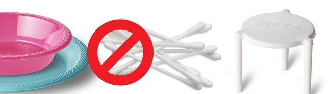 Cotton buds, plastic pizza savers and plastic bowls and plates will be phased out next year. Picture: Supplied.