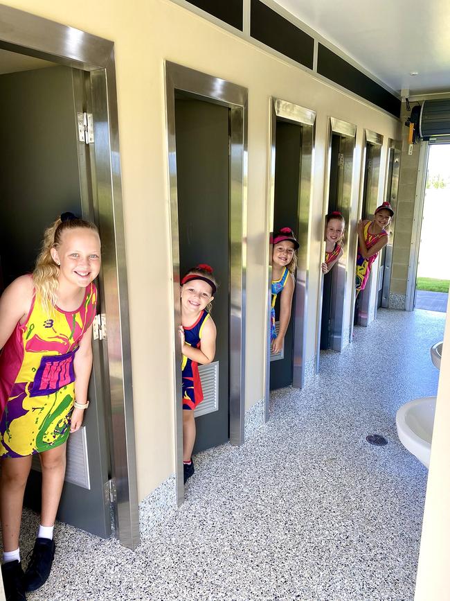 ALL SMILES: Capricorn Coast Netball Association players from left Majella, Taia, Zali, Aryiana and Aria check out the new amenities block which will help keep the queues down during sporting carnivals and events at Barmaryee Multi Sports Precinct. Picture: Contributed