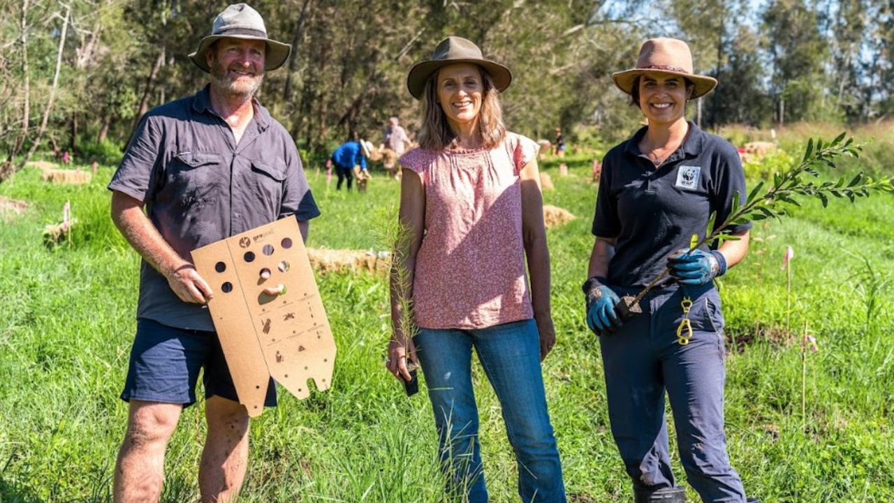 Volunteers plant Claude’s lunch leftovers: nursery manager Humphrey Herington, Greens MP Sue Higginson, and WWF’s Maria Borges. Picture: supplied