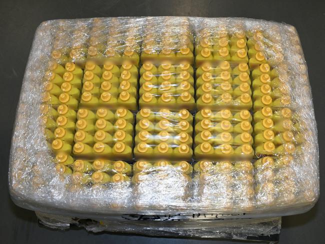 Four people have been charged over the largest liquid meth importation seizure in Australia's history - with 560 kilograms allegedly inside mustard bottles coming in from Chicago. Picture: Handout via NCA NewsWire