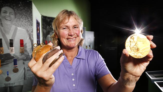 Shane Gould with the five medals she won at the Munich Olympic Games in 1972. Picture: David Caird.