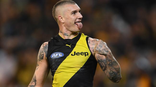 Dustin Martin celebrates a goal against Hawthorn. Picture: AAP Images