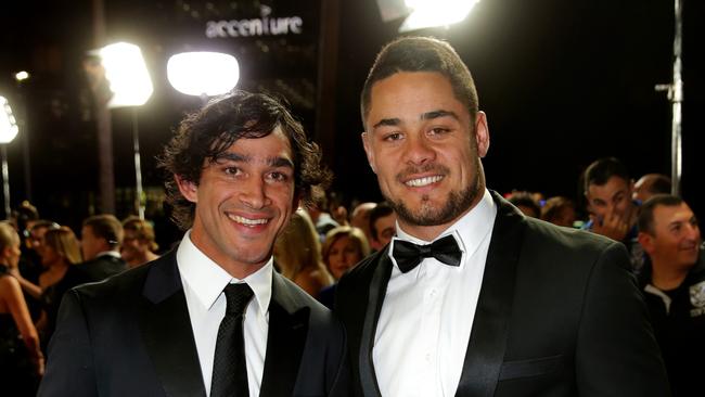 Johnathan Thurston and Jarryd Hayne on the red carpet. Little did they know they would be joining each other up on stage. Picture Gregg Porteous