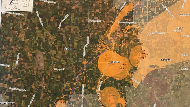 Transmission Company Victoria’s maps showing the VNI West route (purple) through the Buloke Shire.