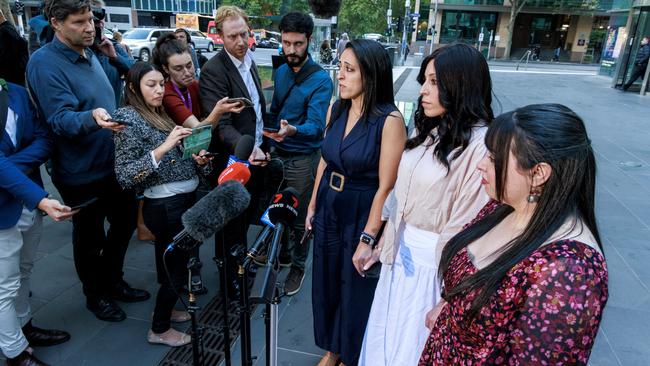 Sisters Elly Sapper, Nicole Meyer and Dassi Erlich speak outside Victorian County Court. Picture: NCA NewsWire / David Geraghty