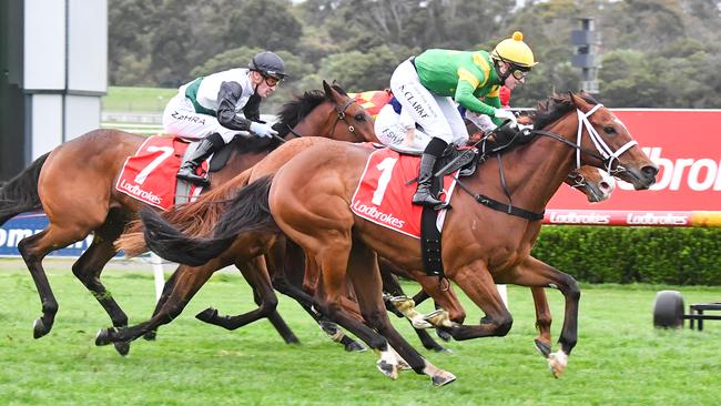 Taramansour (saddlecloth 1), ridden by Sheridan Clarke, wins at Sandown last month. Picture: Pat Scala / Racing Photos