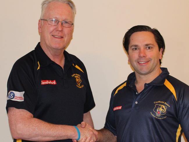 Welcome to the Bears: Caulfield president Darren Stait with new coach Chris O'Keefe.