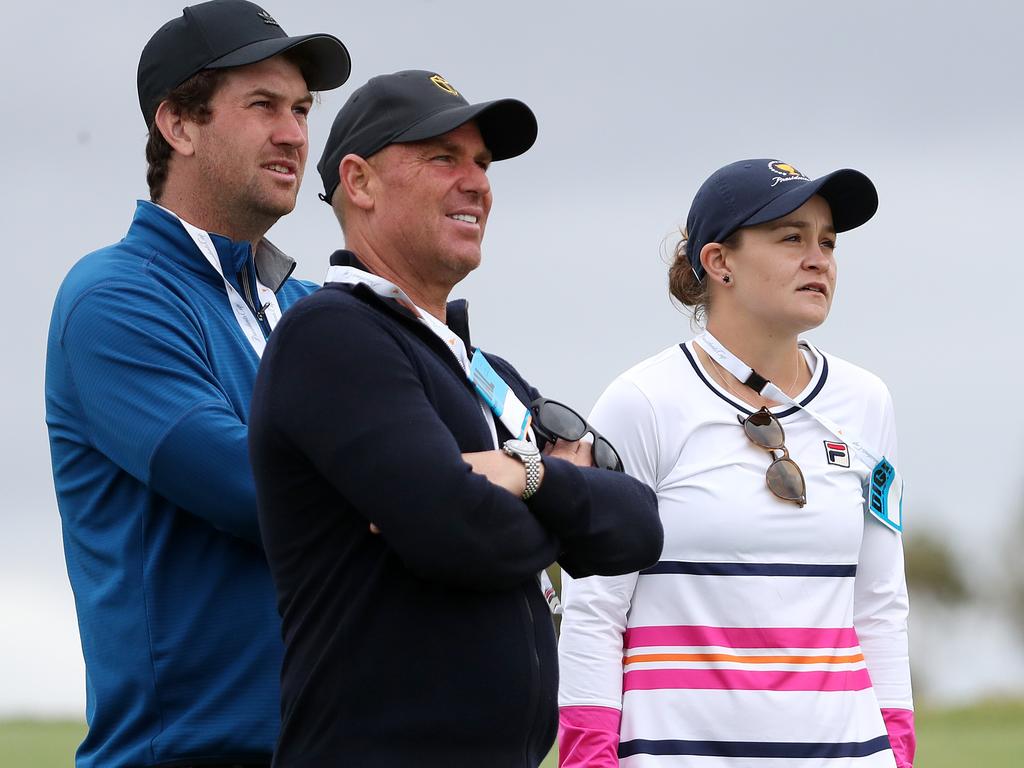 Ash Barty (R) and Shane Warne (C) at Royal Melbourne in 2019. Picture: Michael Klein