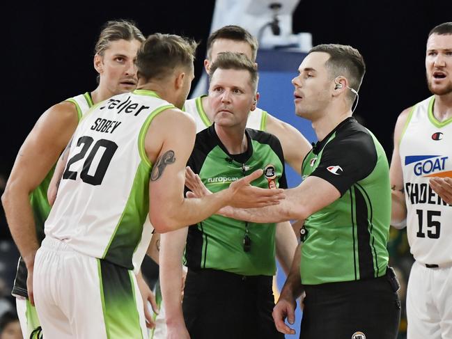 LAUNCESTON, AUSTRALIA - NOVEMBER 01: Nathan Sobey of the Phoenix reacts to the referees during the round seven NBL match between Tasmania Jackjumpers and South East Melbourne Phoenix at Silverdome, on November 01, 2024, in Launceston, Australia. (Photo by Simon Sturzaker/Getty Images)