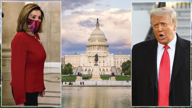 Battle lines are drawn at the Capitol again (main picture) as Speaker of the House Nancy Pelosi, top left, sent over the article of impeachment to the Senate on Monday evening local time, triggering the start of the dormer president Donald Trump’s second impeachment trial. Pictures: AFP