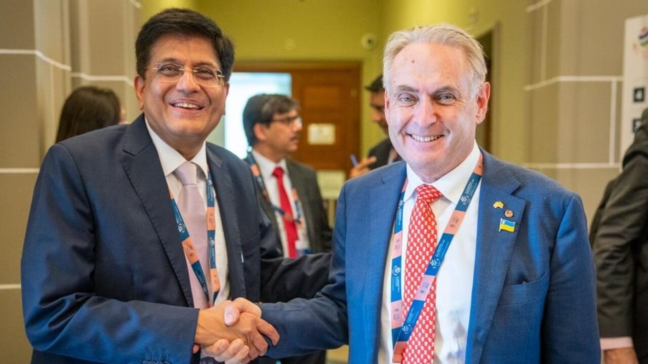 Indian minister Piyush Goyal meets Australian Trade Minister Don Farrell on the sidelines of the World Trade Organisation's 12th Ministerial Conference in Geneva, Switzerland. Picture: Piyush Goyal/ Twitter